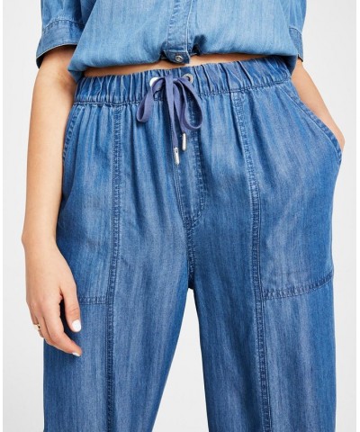 Women's Cropped Drawstring-Hem Collared Shirt & Drawstring-Waist Wide-Leg Pants Medium Wash $46.53 Pants