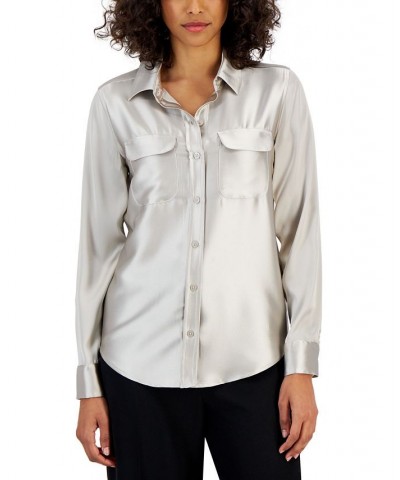 Women's Satin Collared Utility Blouse Gray $22.82 Tops