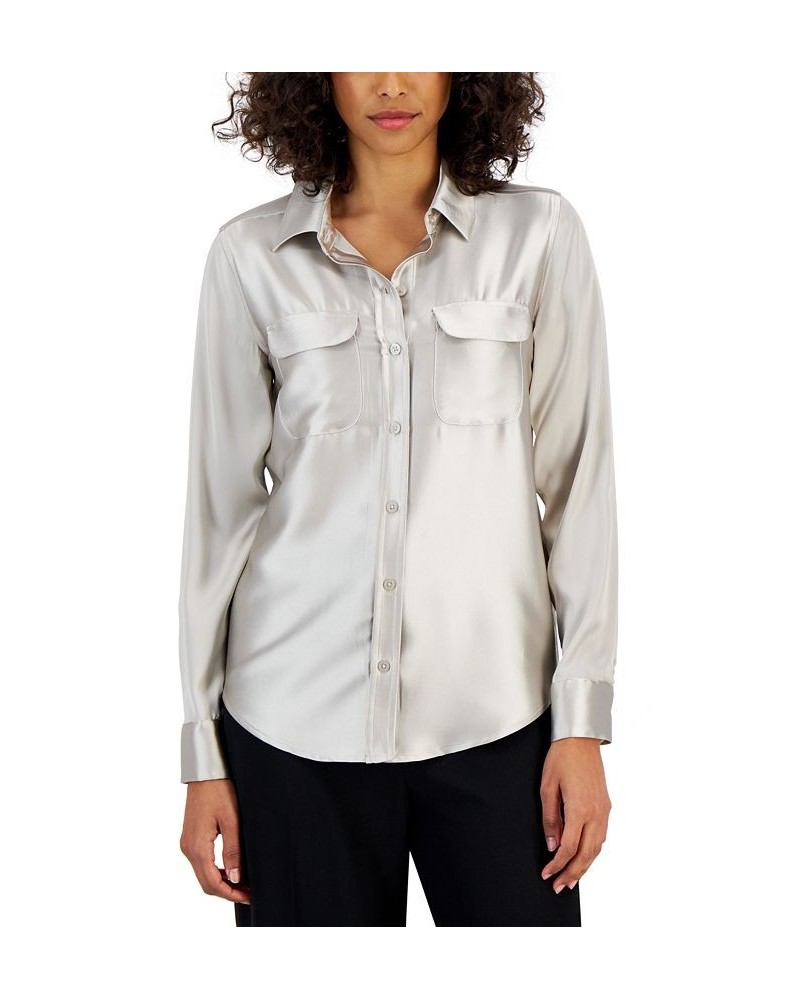 Women's Satin Collared Utility Blouse Gray $22.82 Tops