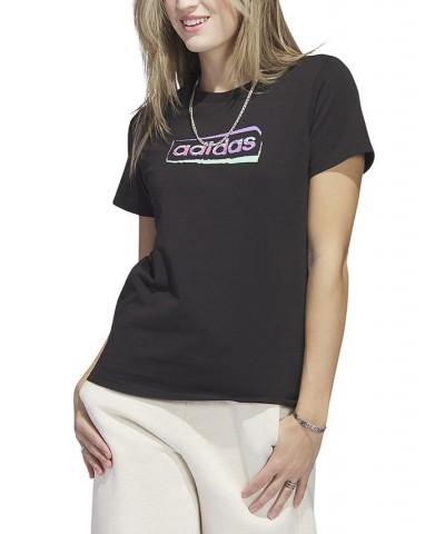 Women's Linear Stencil Short Sleeve Graphic T-Shirt Black $16.90 Tops