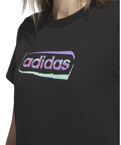 Women's Linear Stencil Short Sleeve Graphic T-Shirt Black $16.90 Tops