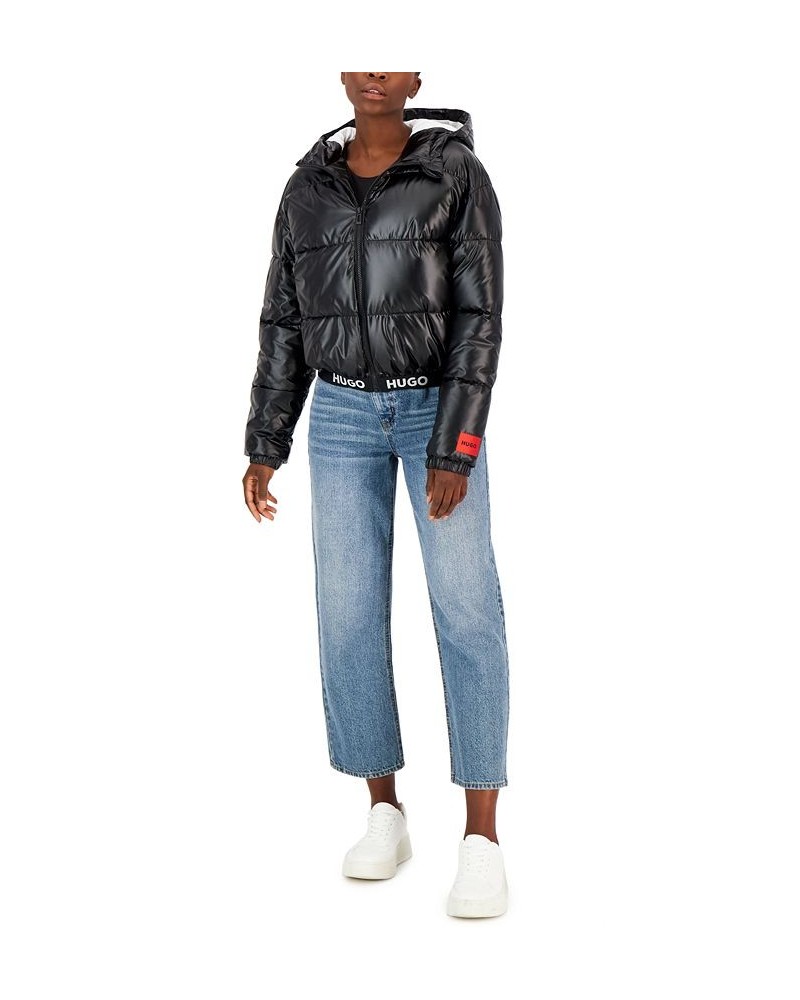 Women's Hooded Logo-Trimmed Cropped Puffer Jacket Black $107.40 Jackets