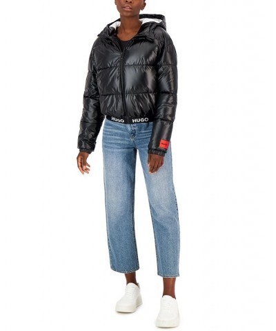 Women's Hooded Logo-Trimmed Cropped Puffer Jacket Black $107.40 Jackets