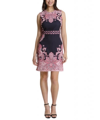 Petite Border Print Sleeveless Sheath Dress Black/Pink $40.59 Dresses