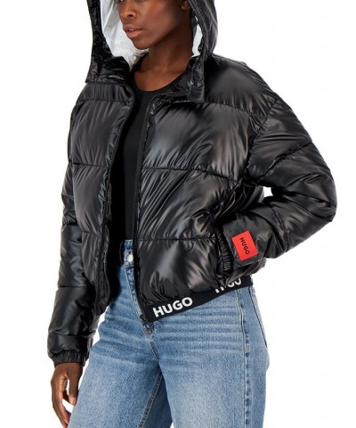 Women's Hooded Logo-Trimmed Cropped Puffer Jacket Black $107.40 Jackets