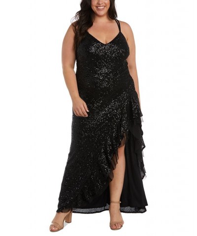 Trendy Plus Size Sequin Ruffled High-Low Gown Black $65.91 Dresses