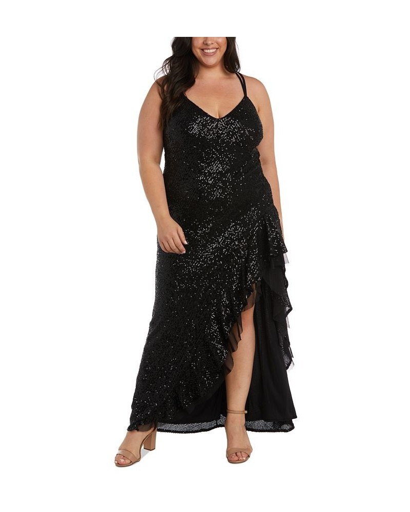 Trendy Plus Size Sequin Ruffled High-Low Gown Black $65.91 Dresses