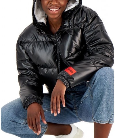 Women's Hooded Logo-Trimmed Cropped Puffer Jacket Black $107.40 Jackets