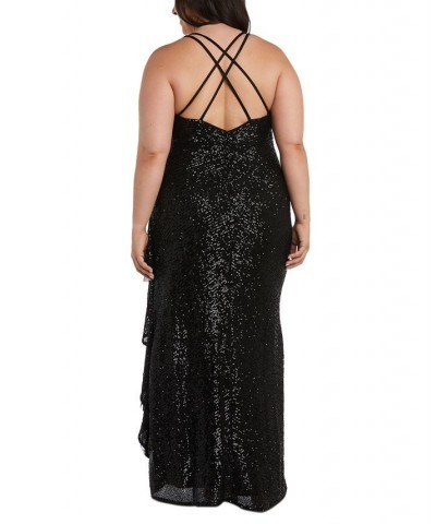 Trendy Plus Size Sequin Ruffled High-Low Gown Black $65.91 Dresses