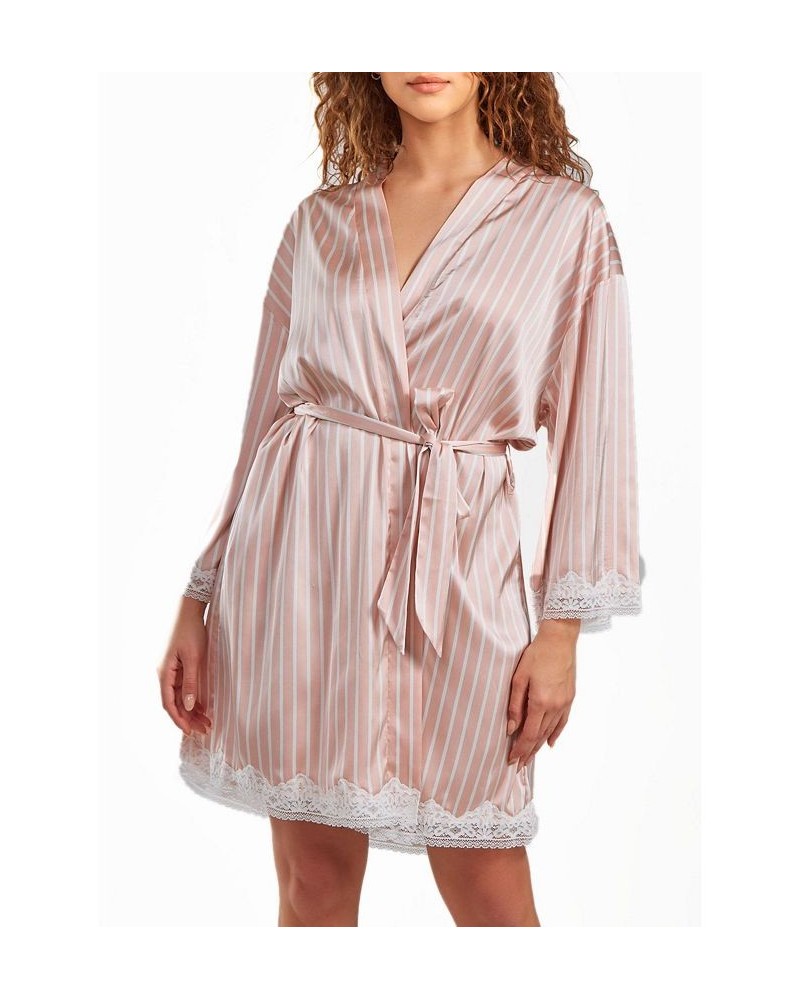 Women's Brillow Satin Striped Robe with Self Tie Sash and Trimmed in Lace Pink $46.20 Sleepwear