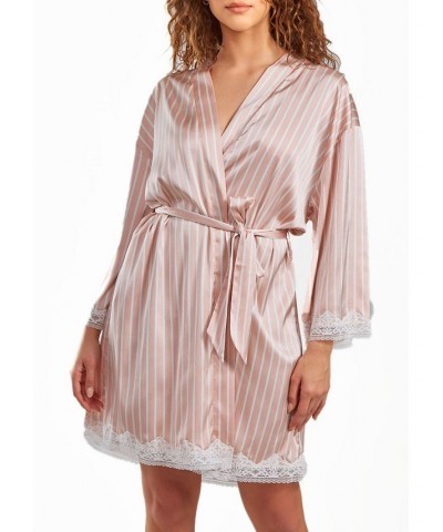 Women's Brillow Satin Striped Robe with Self Tie Sash and Trimmed in Lace Pink $46.20 Sleepwear