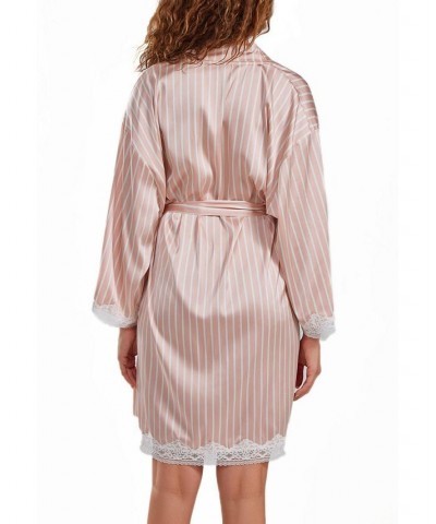 Women's Brillow Satin Striped Robe with Self Tie Sash and Trimmed in Lace Pink $46.20 Sleepwear