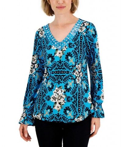 Women's Savannah Stencil Rhinestone-Studded Tunic Blue $18.76 Tops