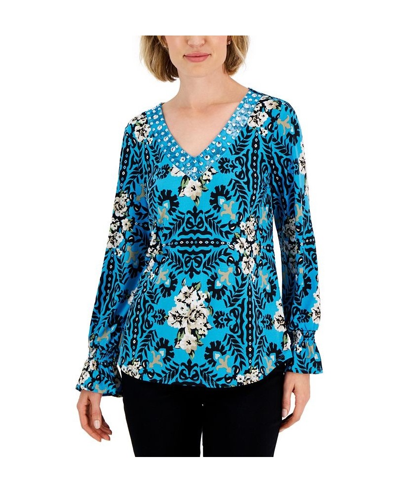 Women's Savannah Stencil Rhinestone-Studded Tunic Blue $18.76 Tops