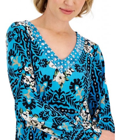 Women's Savannah Stencil Rhinestone-Studded Tunic Blue $18.76 Tops