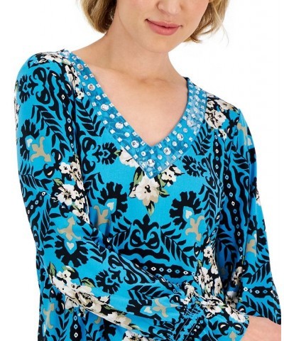 Women's Savannah Stencil Rhinestone-Studded Tunic Blue $18.76 Tops