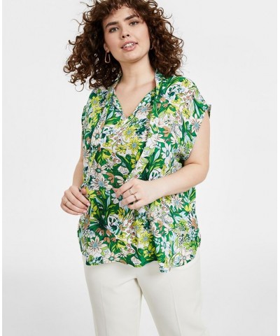 Plus Size Floral-Print Tie-Neck Short-Sleeve Top Green Chili $33.81 Tops