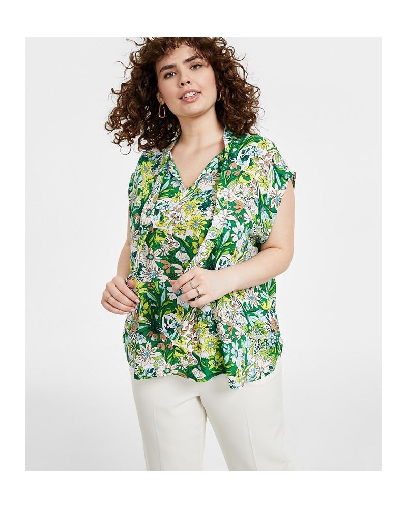 Plus Size Floral-Print Tie-Neck Short-Sleeve Top Green Chili $33.81 Tops