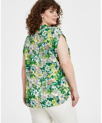 Plus Size Floral-Print Tie-Neck Short-Sleeve Top Green Chili $33.81 Tops