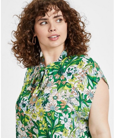 Plus Size Floral-Print Tie-Neck Short-Sleeve Top Green Chili $33.81 Tops