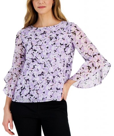 Women's Floral-Print 3/4-Bell-Sleeve Blouse Lavender Mist Mult $19.80 Tops