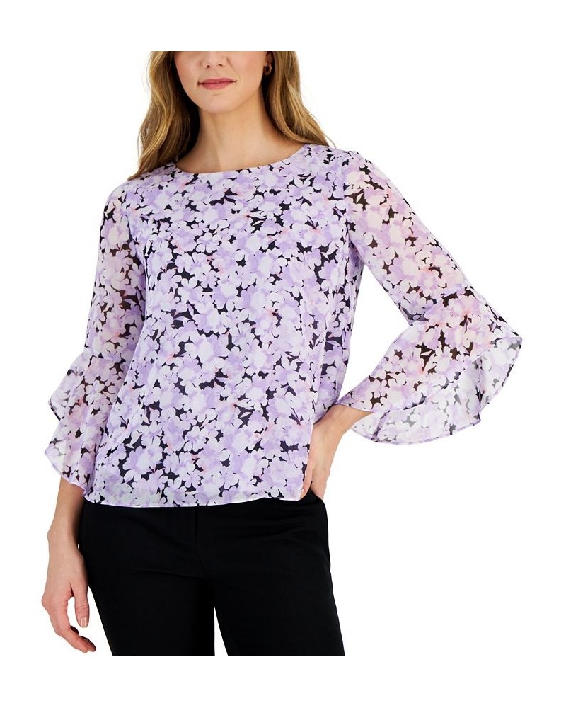 Women's Floral-Print 3/4-Bell-Sleeve Blouse Lavender Mist Mult $19.80 Tops