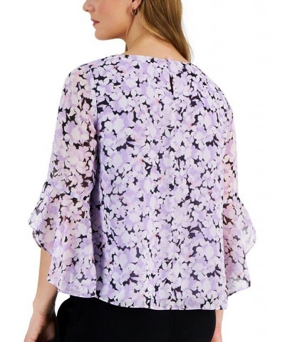 Women's Floral-Print 3/4-Bell-Sleeve Blouse Lavender Mist Mult $19.80 Tops