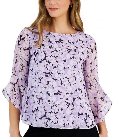 Women's Floral-Print 3/4-Bell-Sleeve Blouse Lavender Mist Mult $19.80 Tops