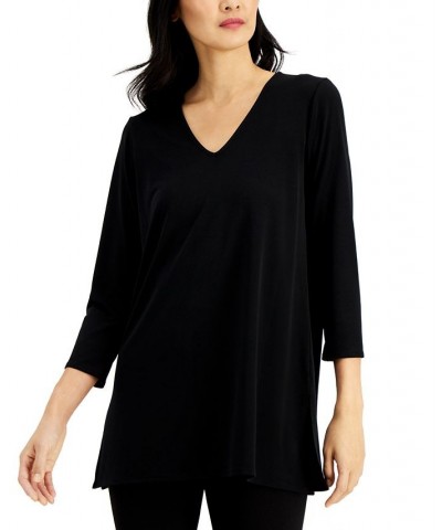 3/4 Sleeve V-Neck Tunic Deep Black $19.11 Tops