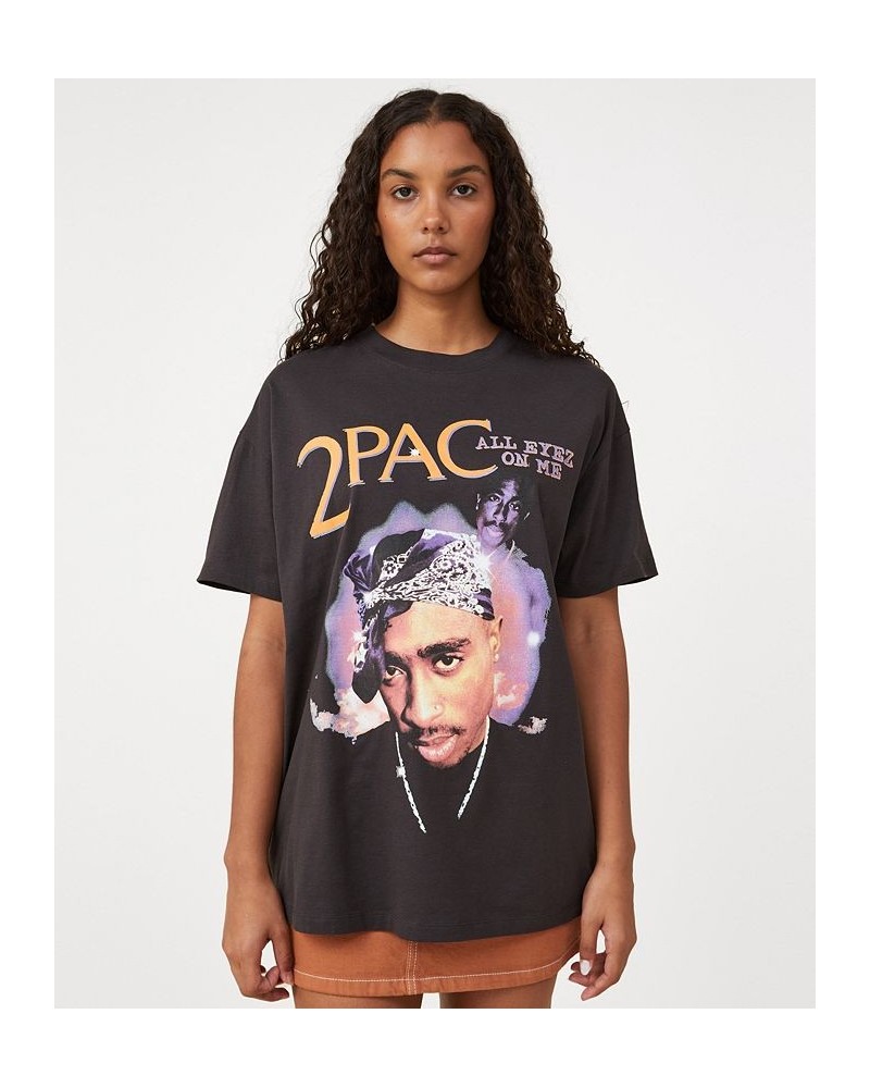 Women's Boyfriend Fit Hip Hop T-shirt Tupac All Eyes On Me, Washed Black $17.20 Tops