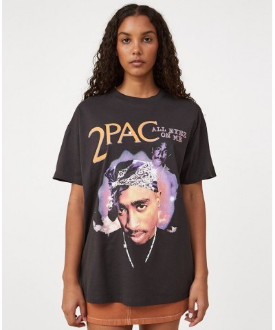 Women's Boyfriend Fit Hip Hop T-shirt Tupac All Eyes On Me, Washed Black $17.20 Tops