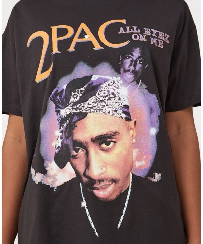 Women's Boyfriend Fit Hip Hop T-shirt Tupac All Eyes On Me, Washed Black $17.20 Tops