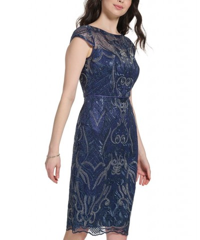 Women's Embellished Cap-Sleeve Dress Navy $90.44 Dresses