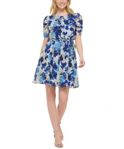 Petite Floral-Print Puff-Sleeve Dress Blue Multi $53.55 Dresses