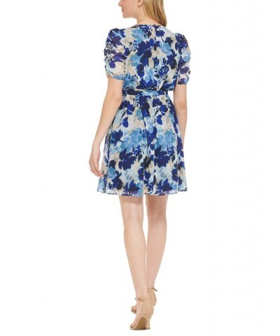 Petite Floral-Print Puff-Sleeve Dress Blue Multi $53.55 Dresses