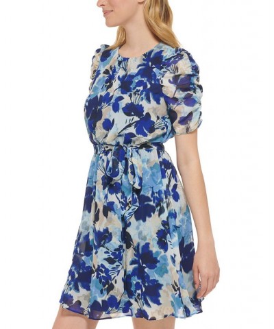 Petite Floral-Print Puff-Sleeve Dress Blue Multi $53.55 Dresses