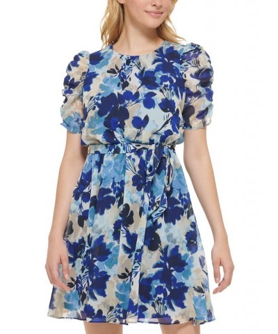 Petite Floral-Print Puff-Sleeve Dress Blue Multi $53.55 Dresses