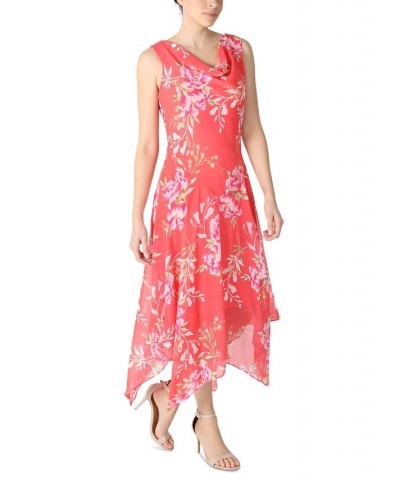 Women's Sleeveless Draped-Neck Floral-Print Maxi Dress Coral $37.38 Dresses