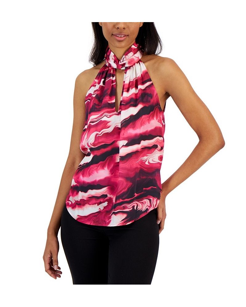 Women's Satin Printed Twist-Neck Halter Top Amaranth Multi $29.85 Tops