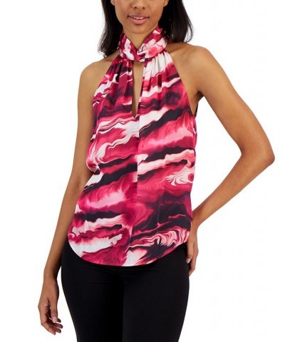 Women's Satin Printed Twist-Neck Halter Top Amaranth Multi $29.85 Tops