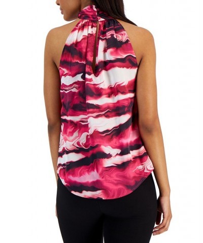 Women's Satin Printed Twist-Neck Halter Top Amaranth Multi $29.85 Tops