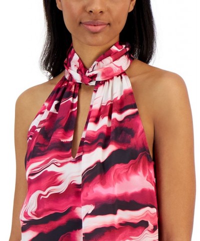 Women's Satin Printed Twist-Neck Halter Top Amaranth Multi $29.85 Tops