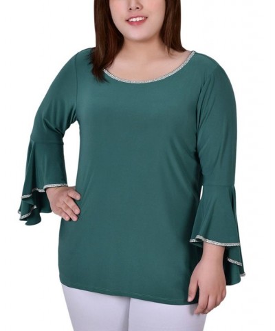 Plus Size Long Bell Sleeve Tunic Top with Stone Details Green $14.08 Tops