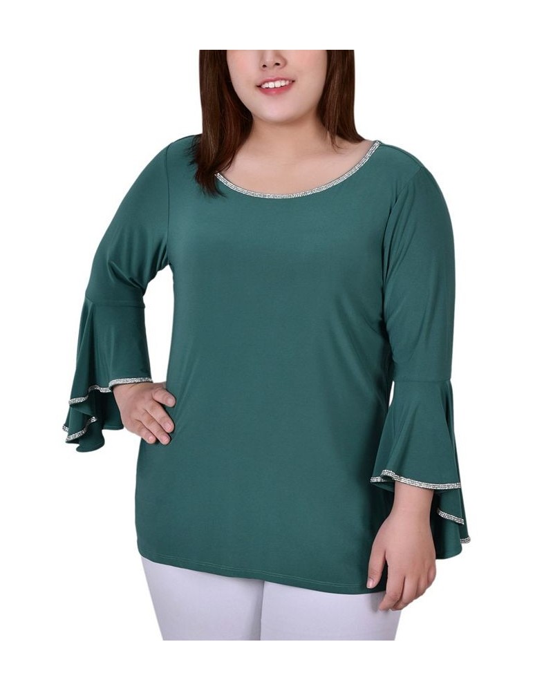 Plus Size Long Bell Sleeve Tunic Top with Stone Details Green $14.08 Tops