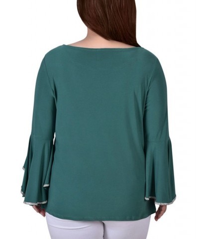 Plus Size Long Bell Sleeve Tunic Top with Stone Details Green $14.08 Tops