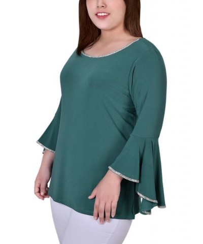 Plus Size Long Bell Sleeve Tunic Top with Stone Details Green $14.08 Tops