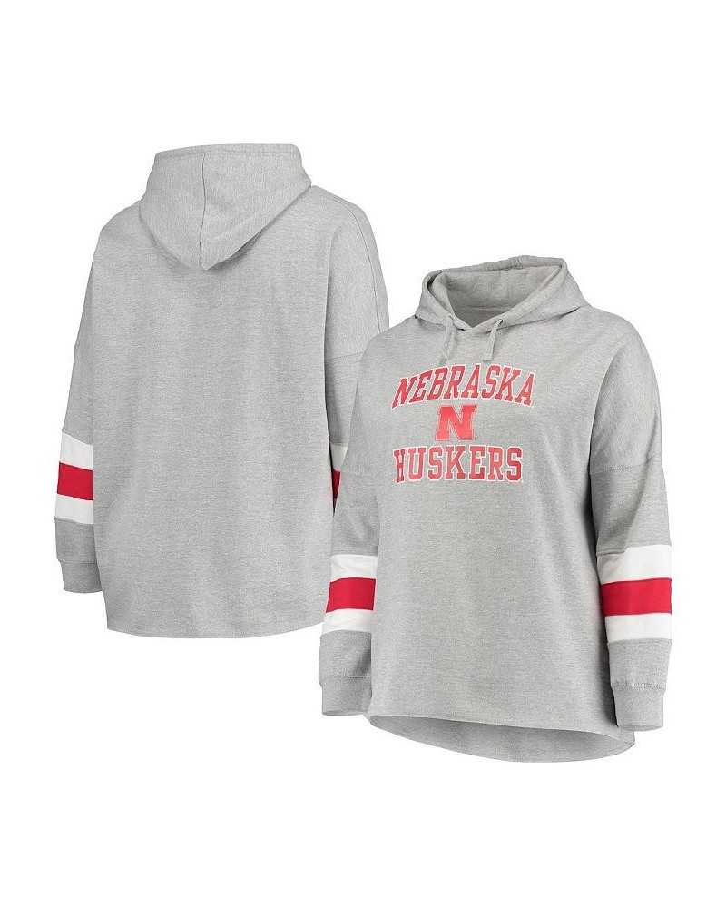 Women's Heathered Gray Nebraska Huskers Plus Size Sleeve Stripe Pullover Hoodie Heathered Gray $31.20 Sweatshirts