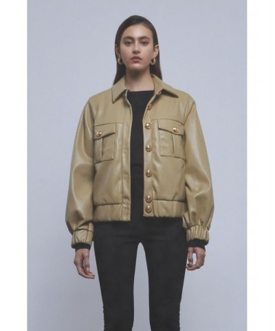 Women's Shank Button with Pu Jacket Tan/Beige $61.20 Jackets