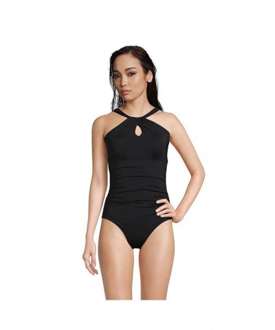 Women's Long High Neck to One Shoulder Multi Way One Piece Swimsuit Black $59.98 Swimsuits