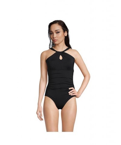 Women's Long High Neck to One Shoulder Multi Way One Piece Swimsuit Black $59.98 Swimsuits